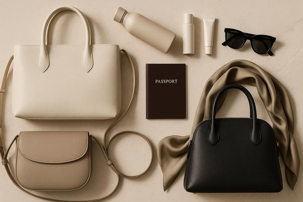 Flat lay of travel accessories including handbags, passport and sunglasses