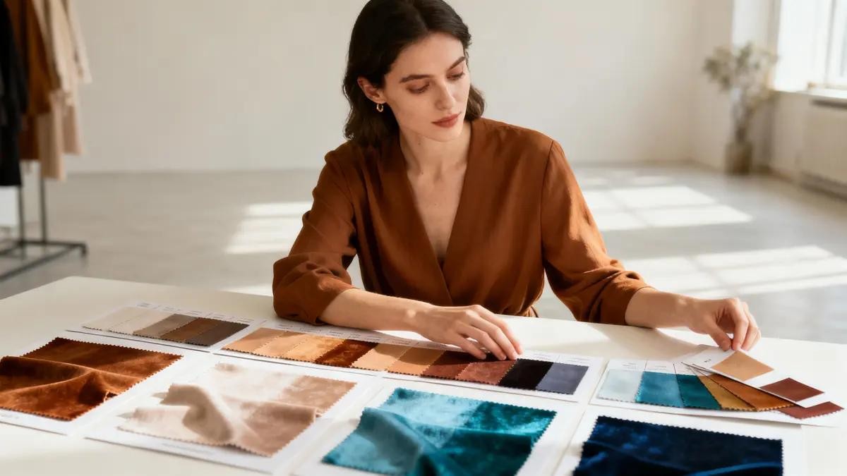 A woman examining fabric and vegan leather swatches at a table