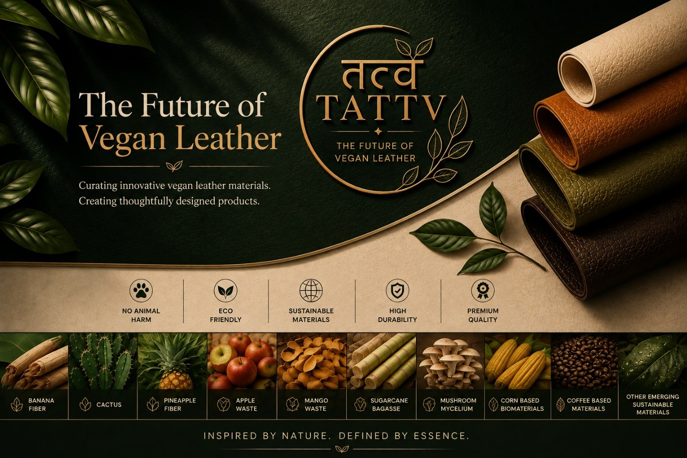 TATTV — The Future of Vegan Leather: rolls of plant-based vegan leather beside banana fibre, cactus, pineapple, apple, mango, sugarcane, mushroom, corn and coffee sources