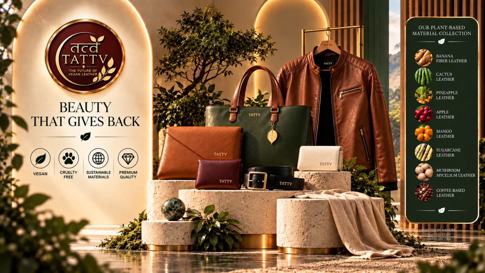 TATTV — The Future of Vegan Leather: rolls of plant-based vegan leather beside banana fibre, cactus, pineapple, apple, mango, sugarcane, mushroom, corn and coffee sources